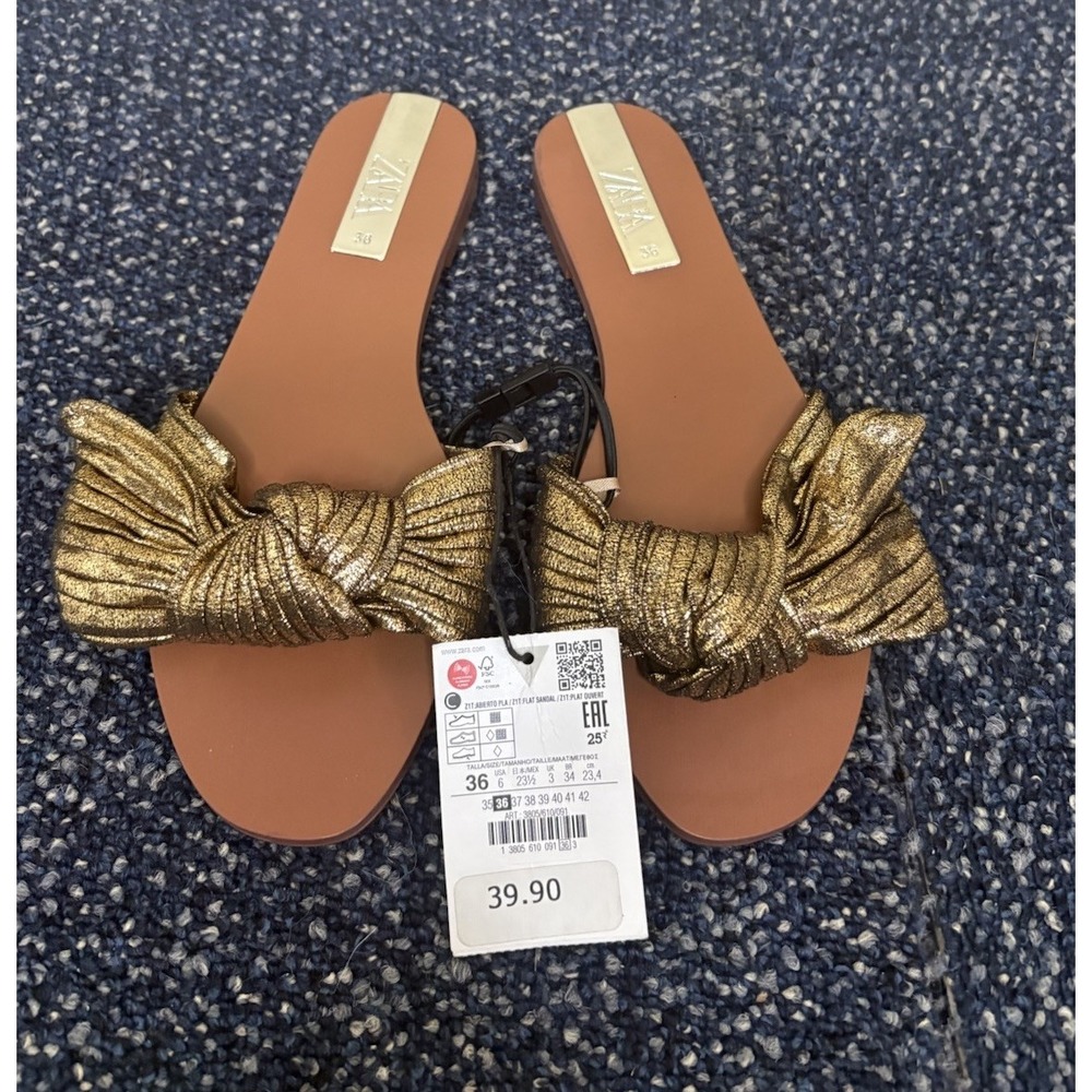Zara Gold Metallic Flat Sandals Knotted Bow Slide Shoes 3805/610 Size 6 US 36 EU